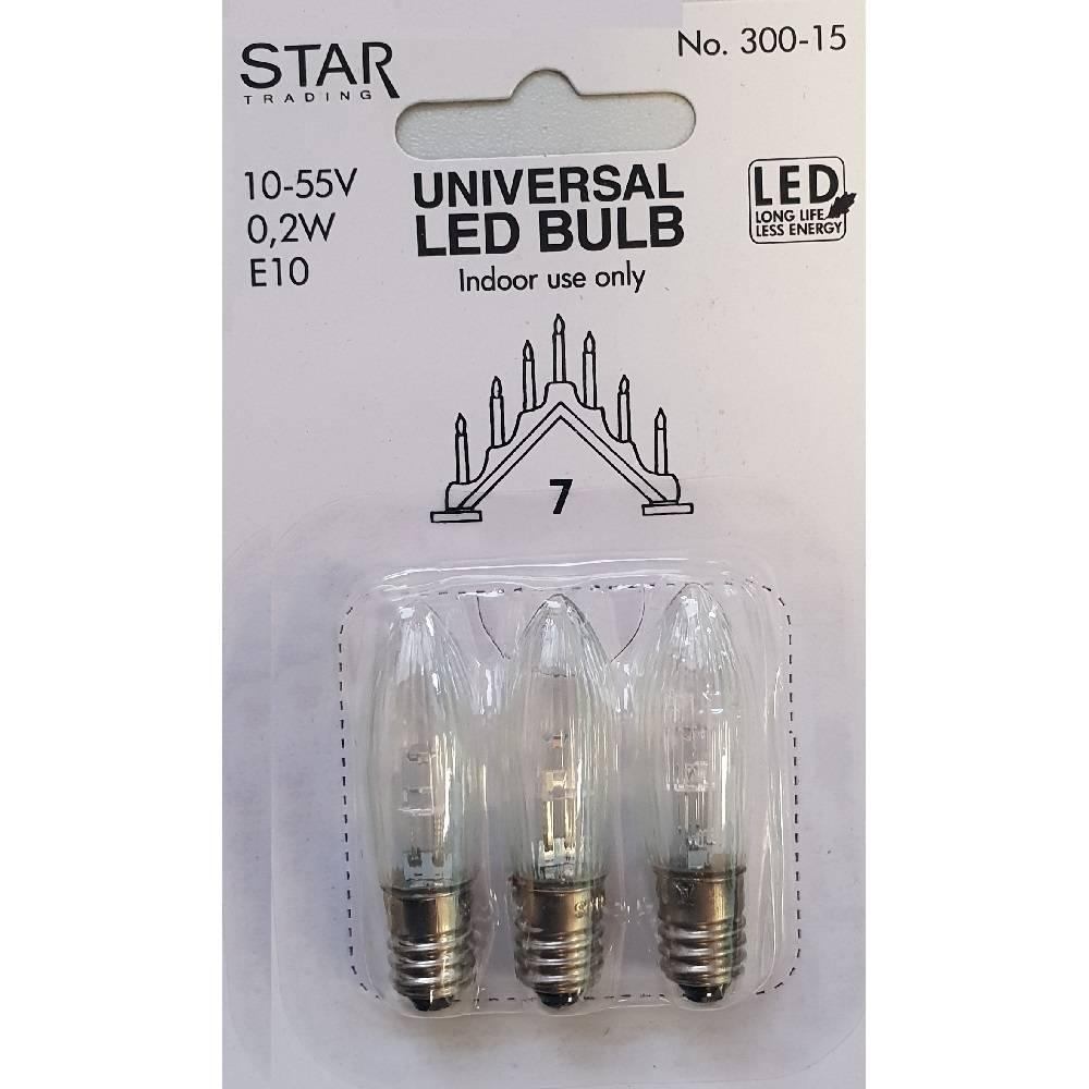 Universal LED Glühbirne E10 3er klares Glas 0,1-0,5W 14-55V 3lm 2100K 300-75